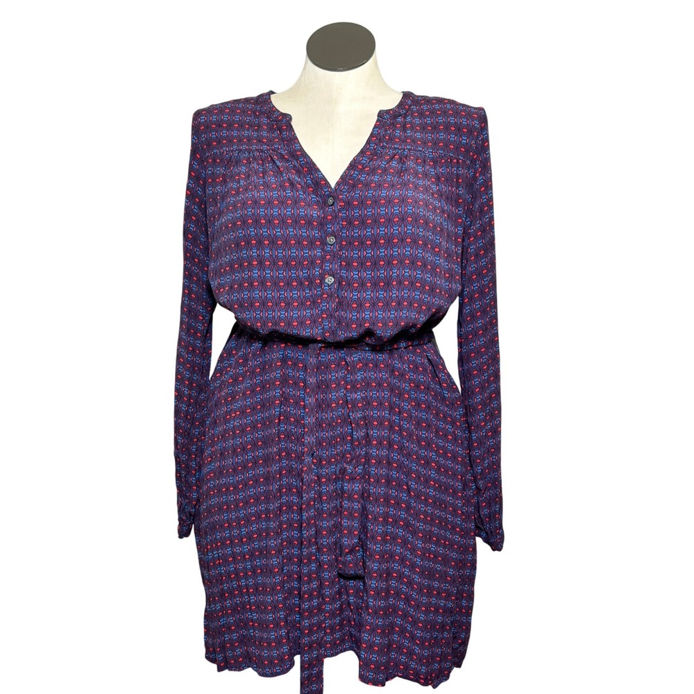 Gap Womens Large‎ Blue Red Geometric Print Long Sleeve Rayon Belted Shirt Dress